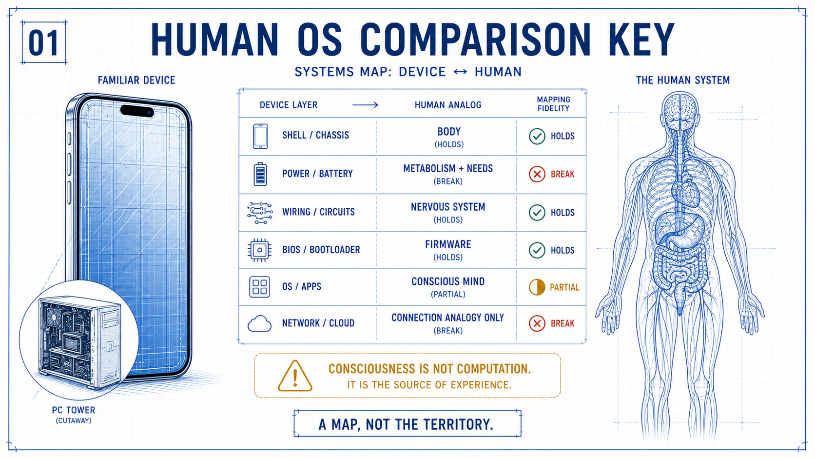 Blueprint comparison key mapping a familiar device to the human system, with holds, partial matches and breaks clearly marked.