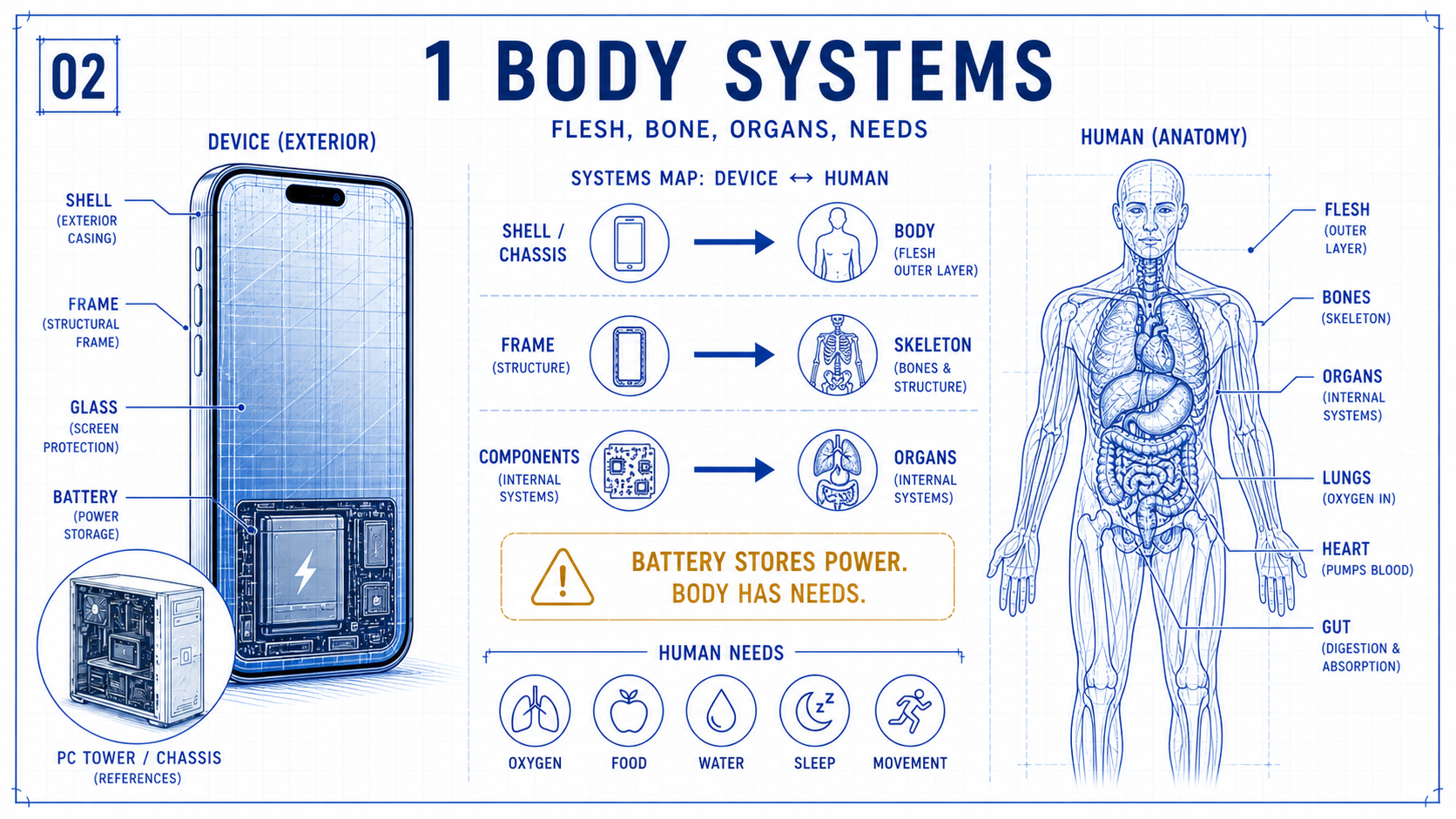 Blueprint comparing a device exterior and components with flesh, skeleton, organs and the basic needs of a human body.