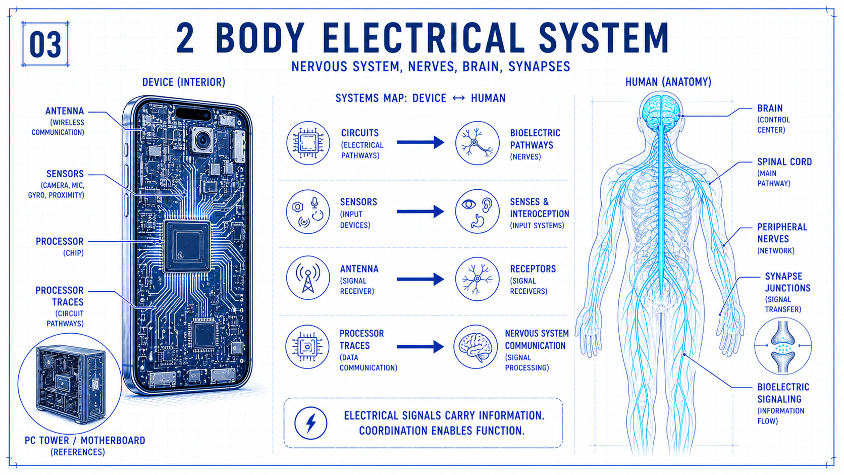 Blueprint comparing circuits and sensors with the brain, spinal cord, nerves, synapses and bioelectric signaling.