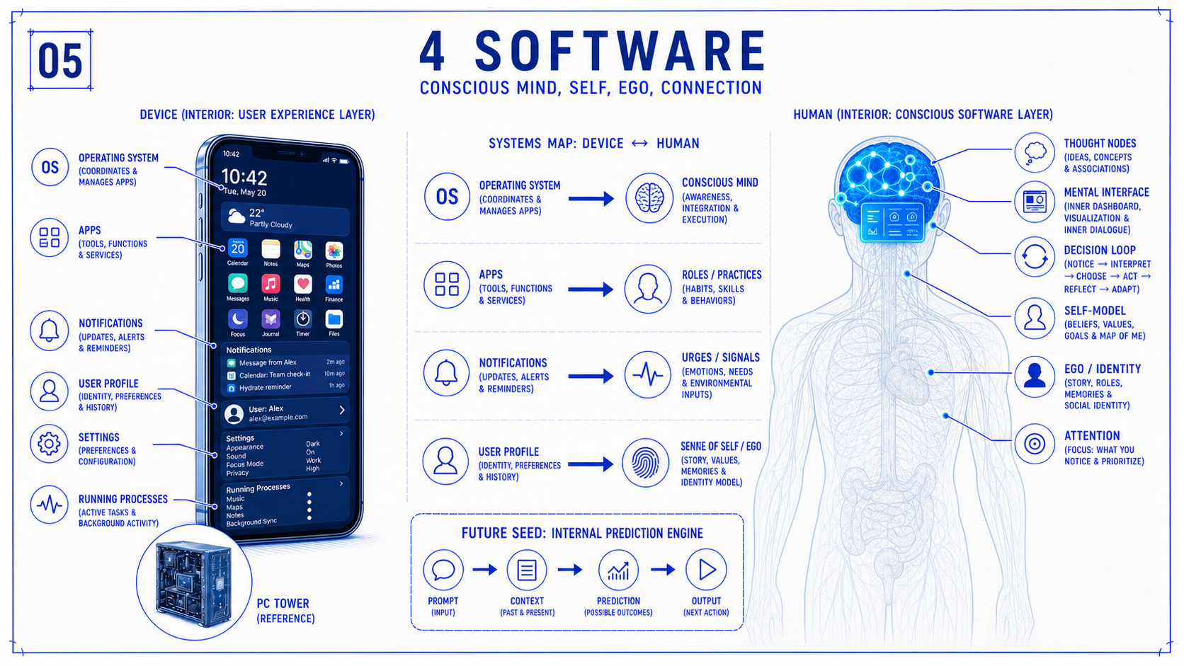 Blueprint comparing an operating system and apps with thoughts, attention, identity, roles and conscious decisions.
