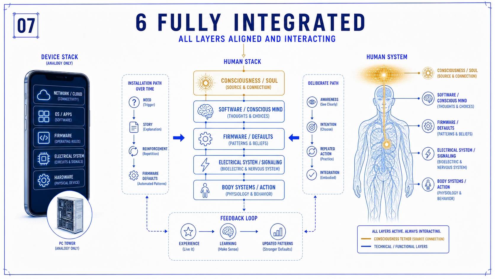 Integrated blueprint showing consciousness, software, firmware, electrical signaling and body systems working together.