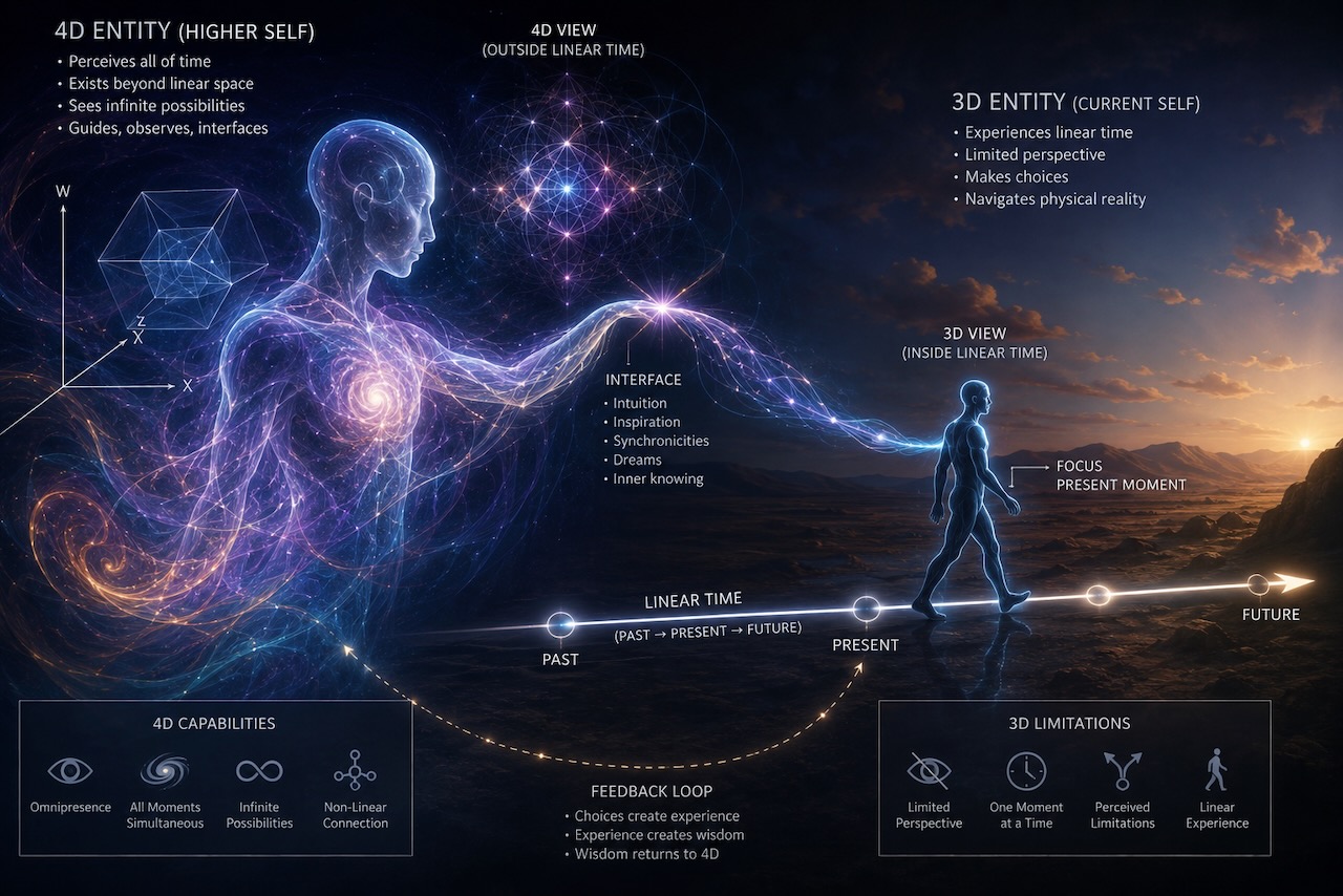 Concept art of a luminous higher-self figure reaching toward a person walking through linear time.