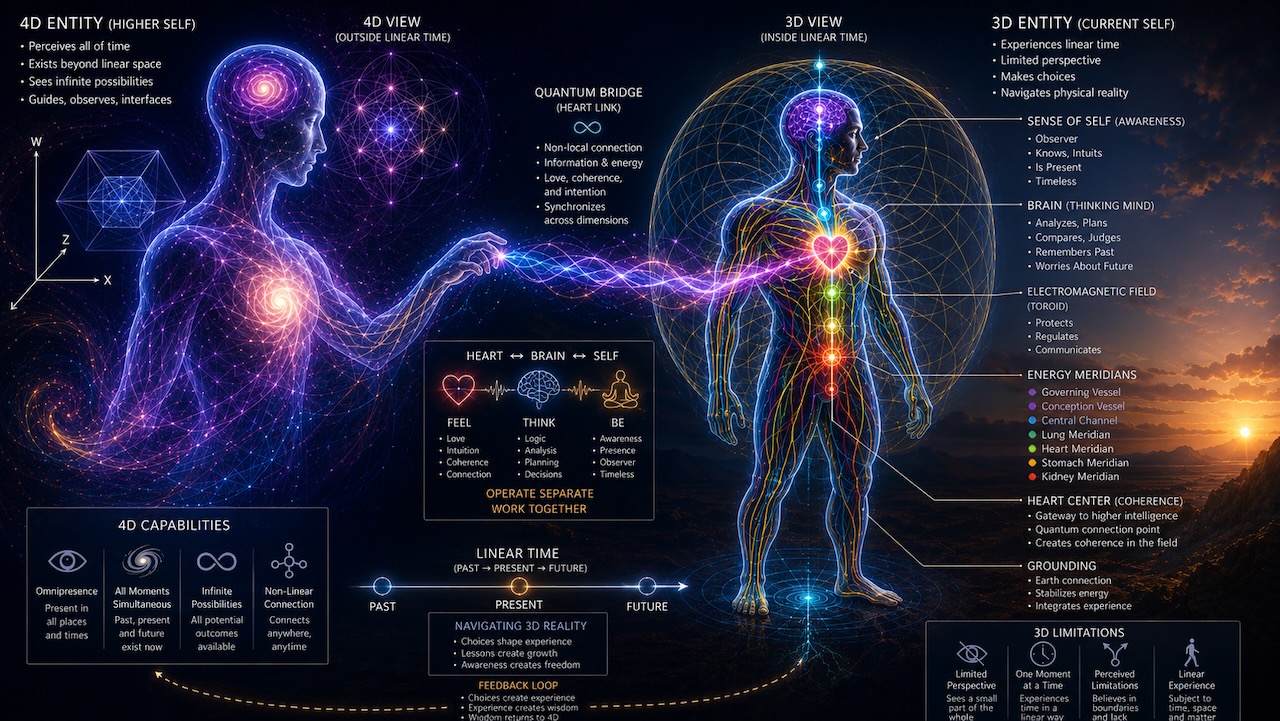 Integrated concept art showing a luminous higher self connected to a human body through heart, brain and an energy bridge.